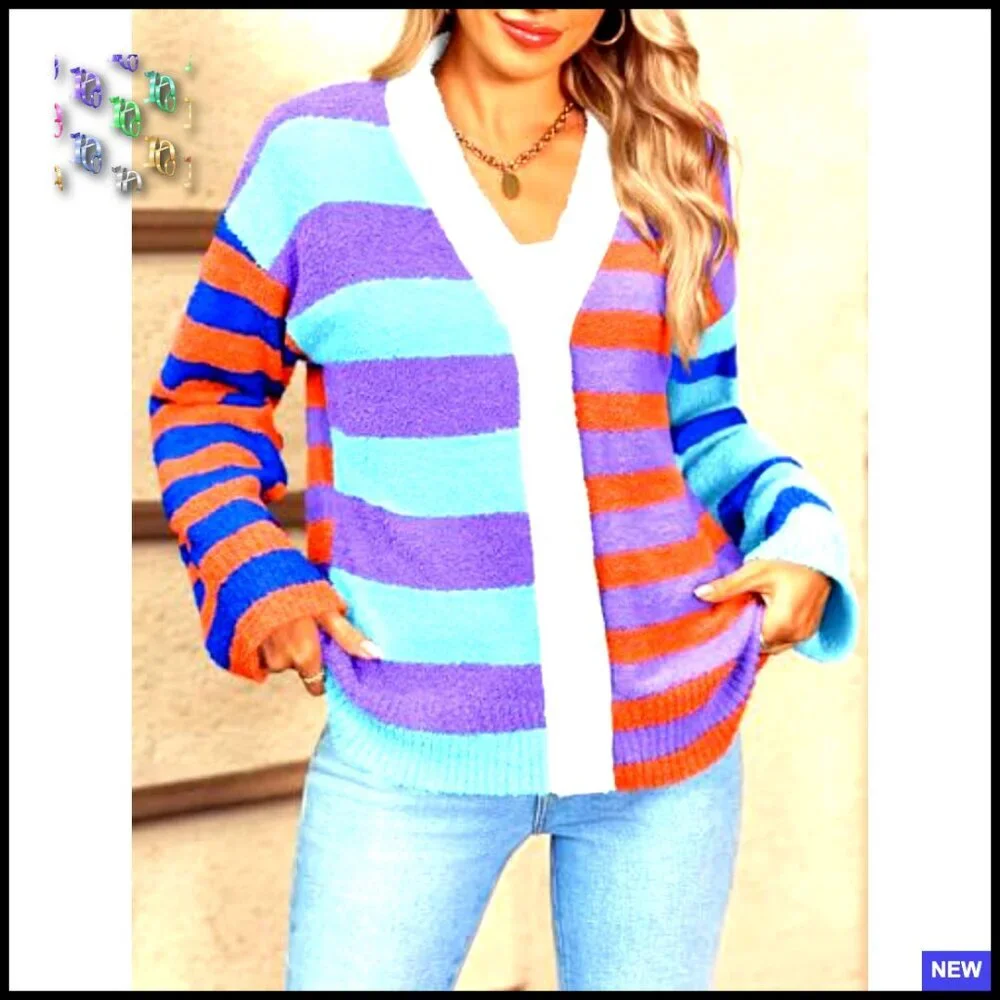Striped V Neck Cardigan Oversized Fuzzy Knit Drop Shoulder Loose Fit